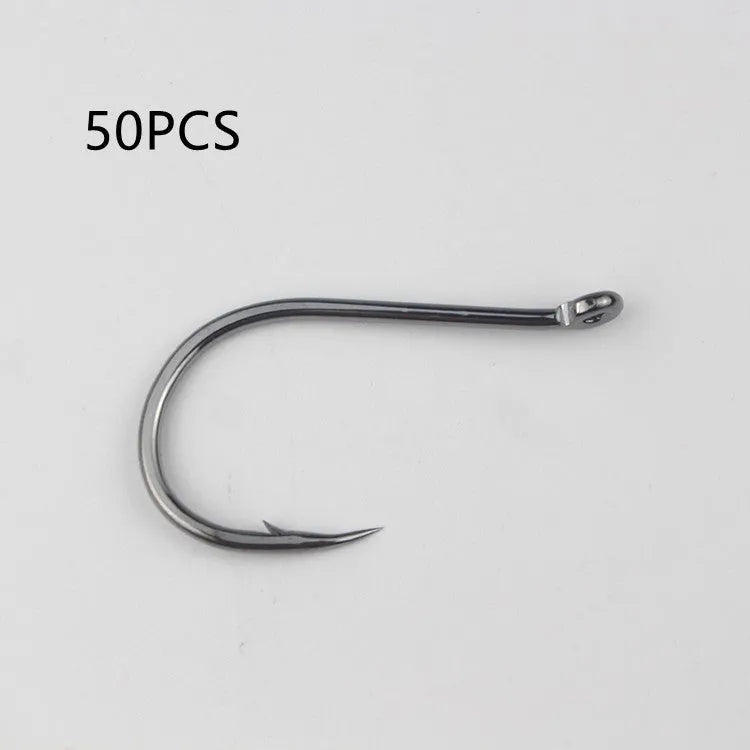 Bulk pack of barbed fishing hooks in various sizes on a blue background, showing crooked mouth and hole ring design.
