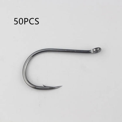 Bulk pack of barbed fishing hooks in various sizes on a blue background, showing crooked mouth and hole ring design.