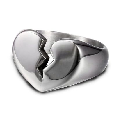 Heart-shaped titanium steel ring, polished band, steel or gold colour, sizes 5 to 10