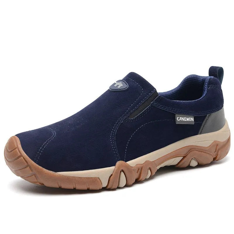 Men's suede low-top casual shoes in khaki with a rubber sole and mesh lining, shown on a white background.