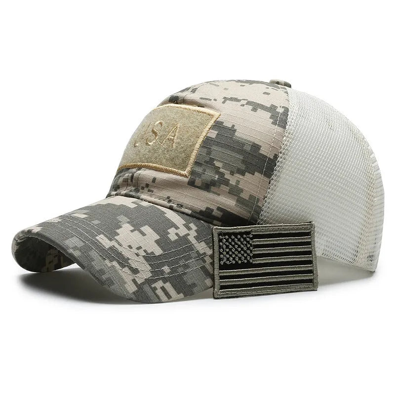 Adjustable camouflage baseball cap with Velcro closure and machine embroidery detailing