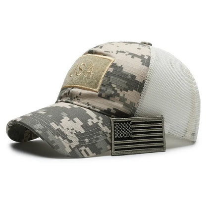 Adjustable camouflage baseball cap with Velcro closure and machine embroidery detailing