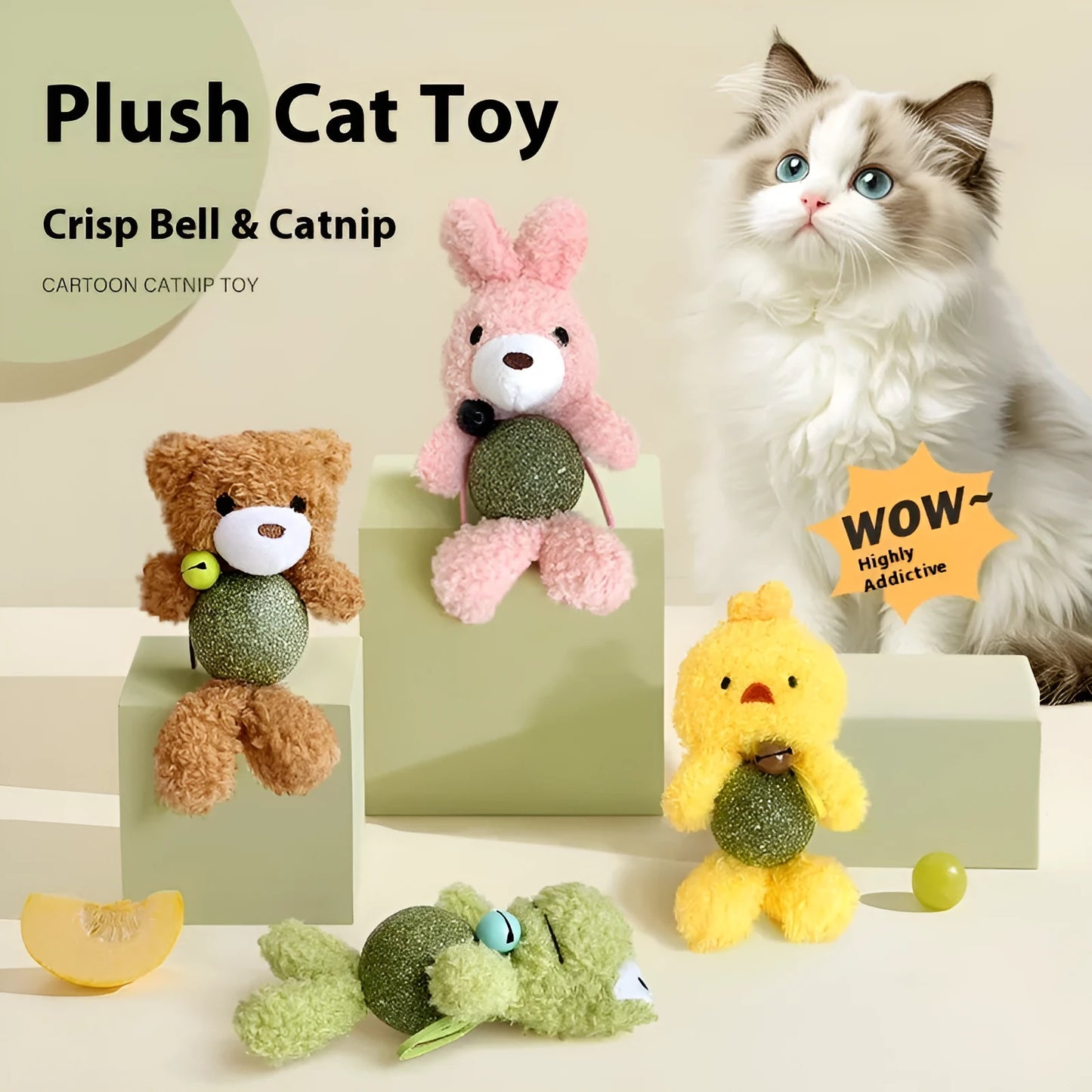 Brown Bear catnip toy with plush doll, 4cm catnip ball, and internal bell for cats to play with.