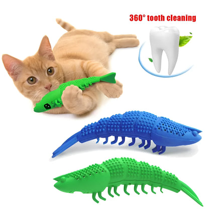 Blue hard rubber cat chew toy with catnip and a bell for dental care and interactive play.