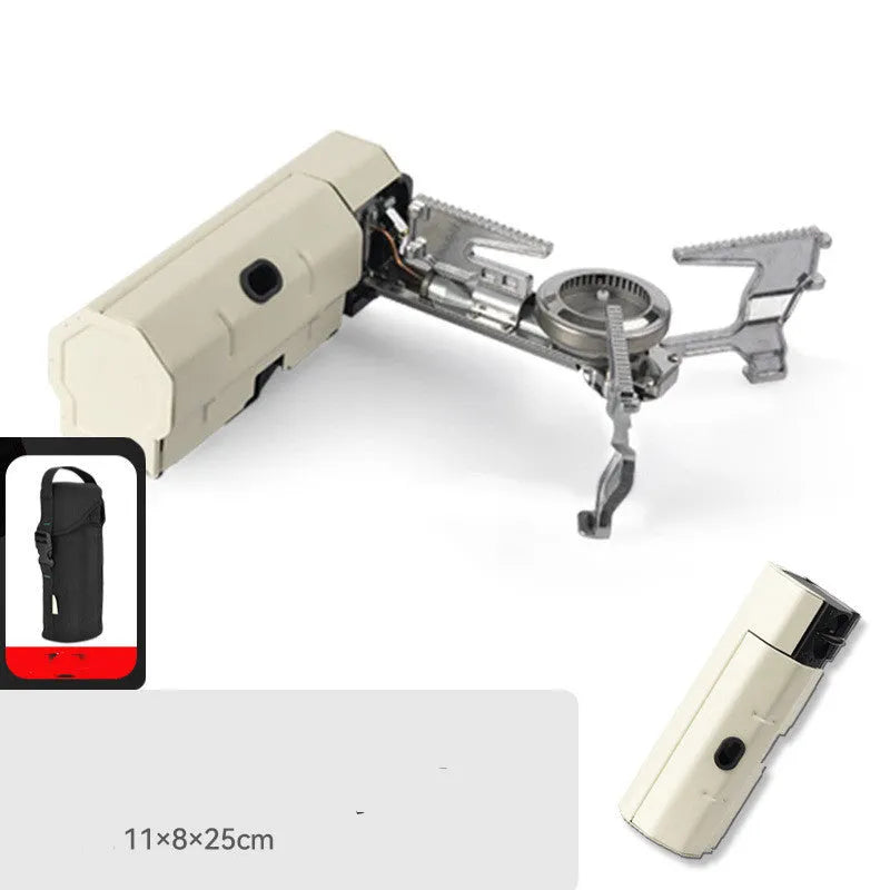 Green folding camping gas stove with serrated pot bracket, showing 25cm size next to butane canister