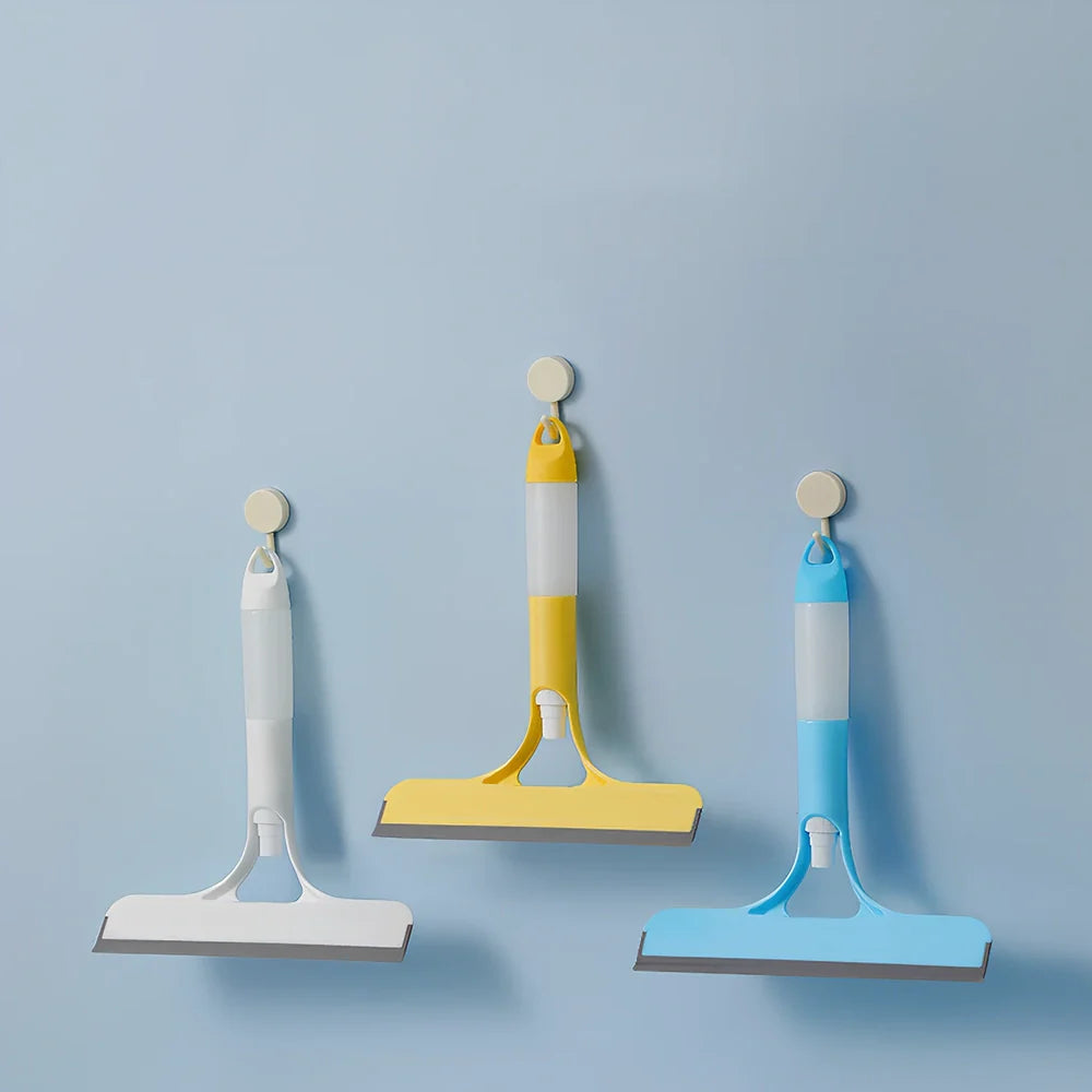 Double-sided plastic glass scraper in white, yellow, sky blue colours for household window cleaning