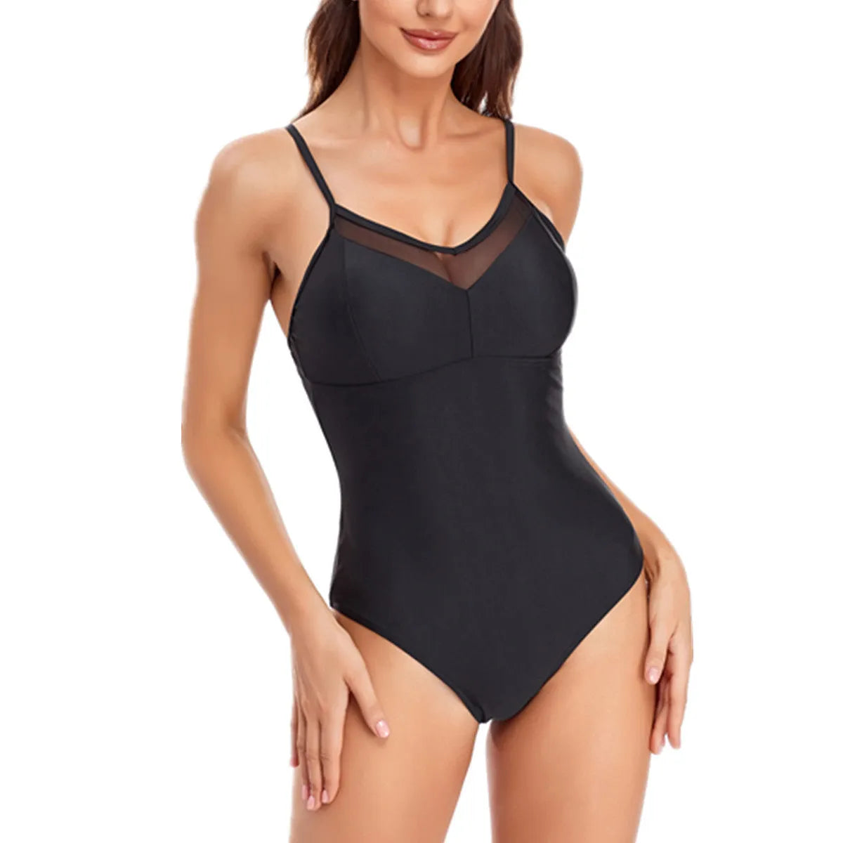 Ladies black mesh backless one-piece swimsuit made from spandex on a mannequin.