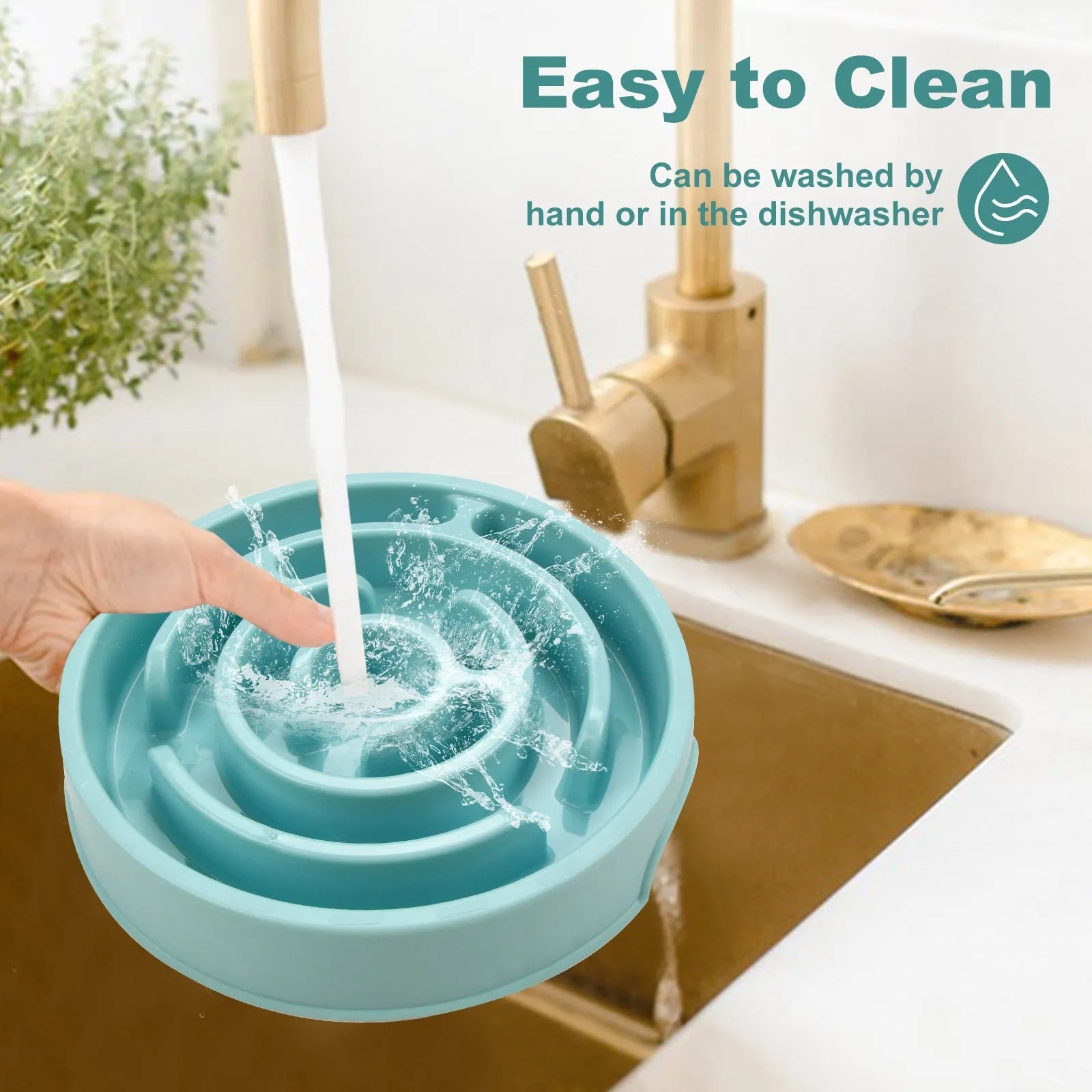 Blue silicone slow feeder dog bowl with raised labyrinth puzzle pattern for dogs.