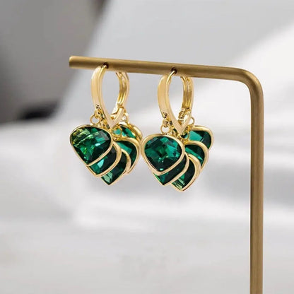 Korean style green heart pendant ear clip earrings for women with copper alloy construction