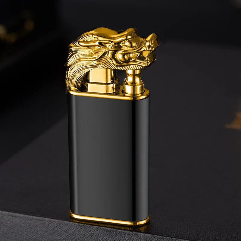 Metal windproof lighter with double flame and dragon design, showing flame from mouth.