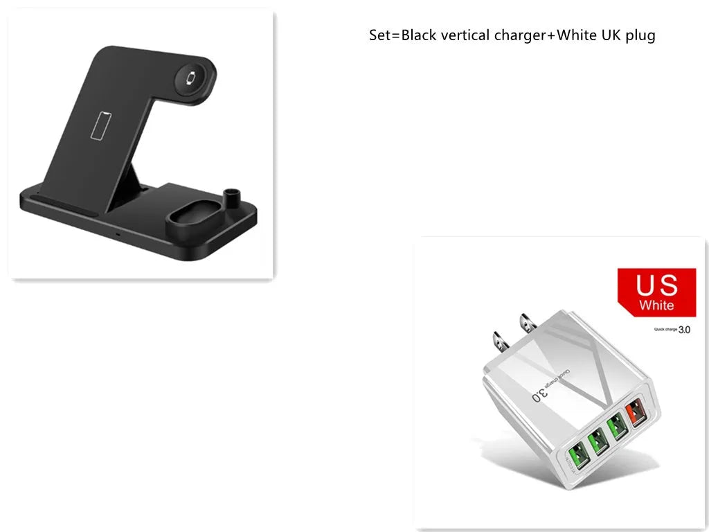 4-in-1 wireless charging station with adjustable magnetic stand charging phone, watch, earbuds, and stylus on a desk