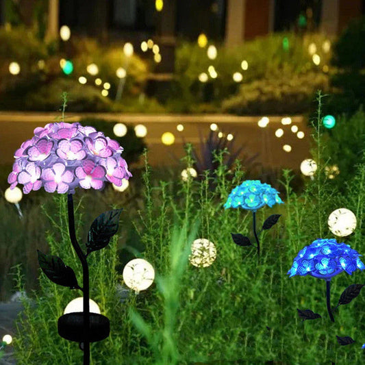 Solar-powered hydrangea garden lights in various colors placed outdoors to provide ambient lighting