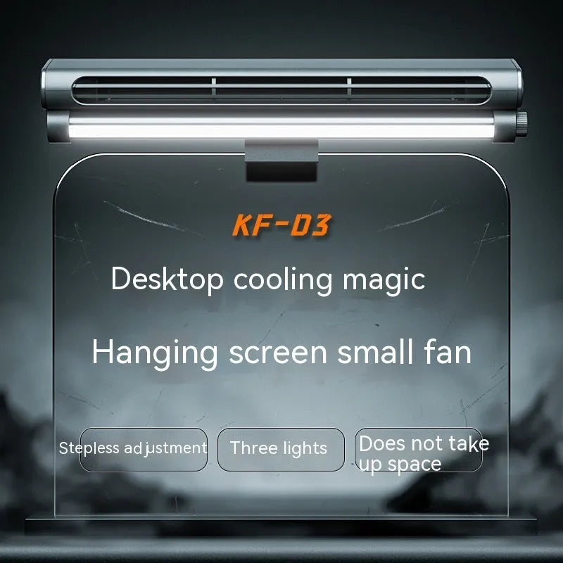 Black USB bladeless fan clipped to laptop screen showing 32.5cm width and eye-protection lamp