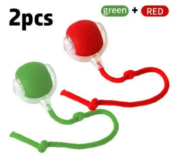 Silicone rolling ball cat toy showing red, green, and grey colour options with self-hi motion mechanism