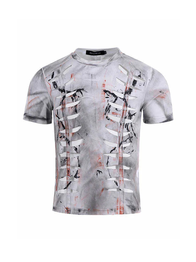 Men's white cotton T-shirt with hollow-out design pattern on fabric