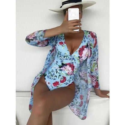 Women's floral pattern bikini three-piece swimsuit set with cover-up coat in multiple colour options