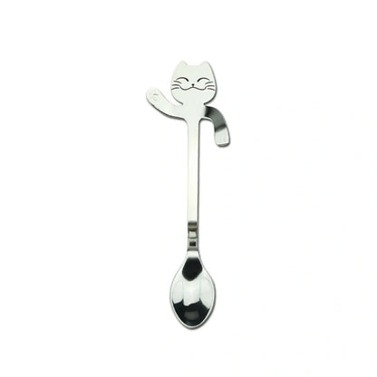 Stainless steel coffee spoon with cartoon cat handle showing hanging hole and smooth edges