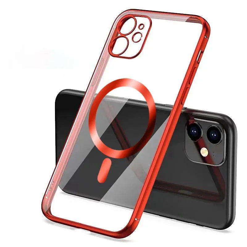Electroplated magnetic suction back cover for iPhone case in multiple colours including black and blue.