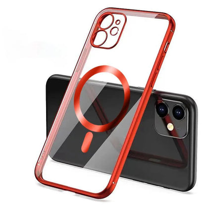Electroplated magnetic suction back cover for iPhone case in multiple colours including black and blue.