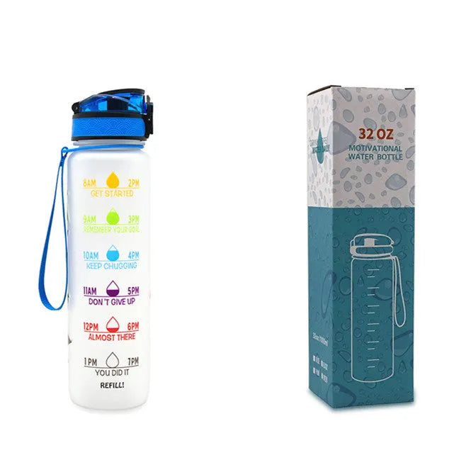 Blue and red gradient 1 litre Tritan sports water bottle with time markers and a flip-top lid.