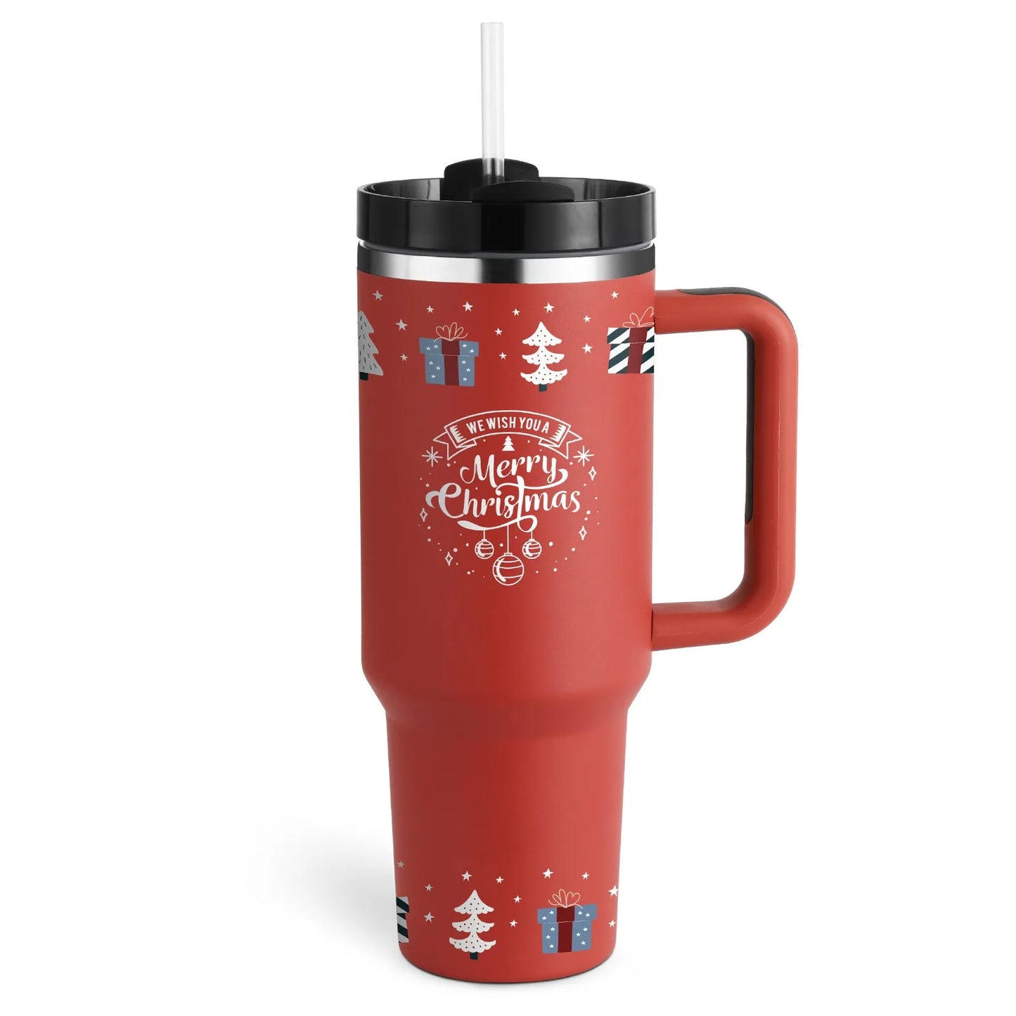40oz stainless steel tumbler with handle and straw in various colour options showing tapered shape and spill-proof lid