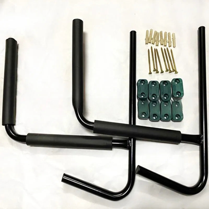 Kayak wall hanger rack for surfboards and paddle boards made from carbon steel, 43 cm wide x 38 cm high x 6 cm deep, for indoor storage, garage organisation, and wall-mounted kayak storage.