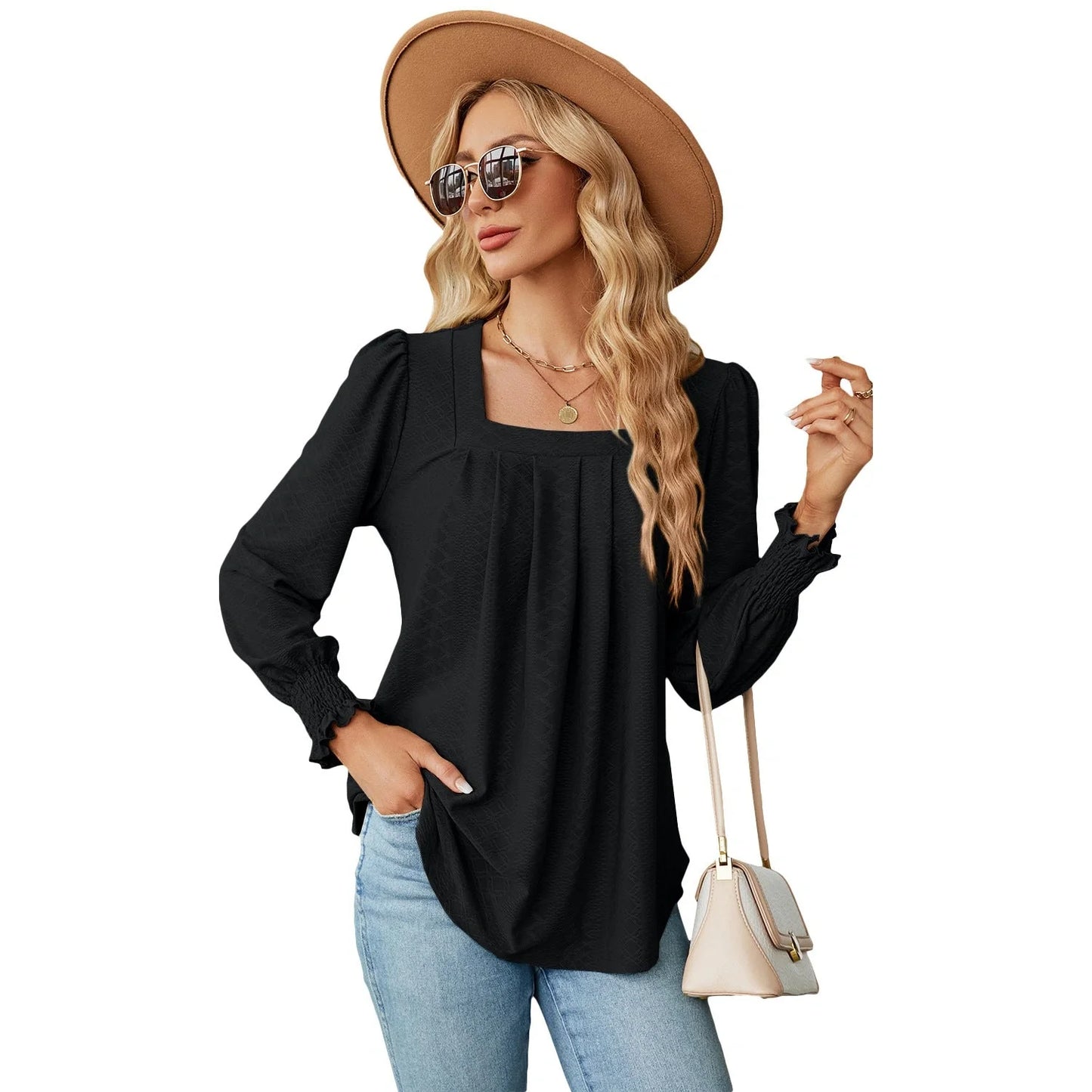 Elegant Jacquard Pleated Top in a variety of chic colours, featuring a unique pattern and flattering square neckline