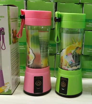 Portable USB blender with six blades in pink colour option showing cup and charging cable