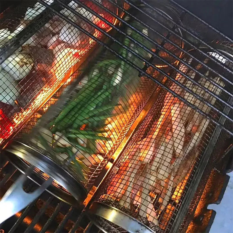 Silver iron wire rolling cylinder BBQ basket with mesh design and a hook for grilling.