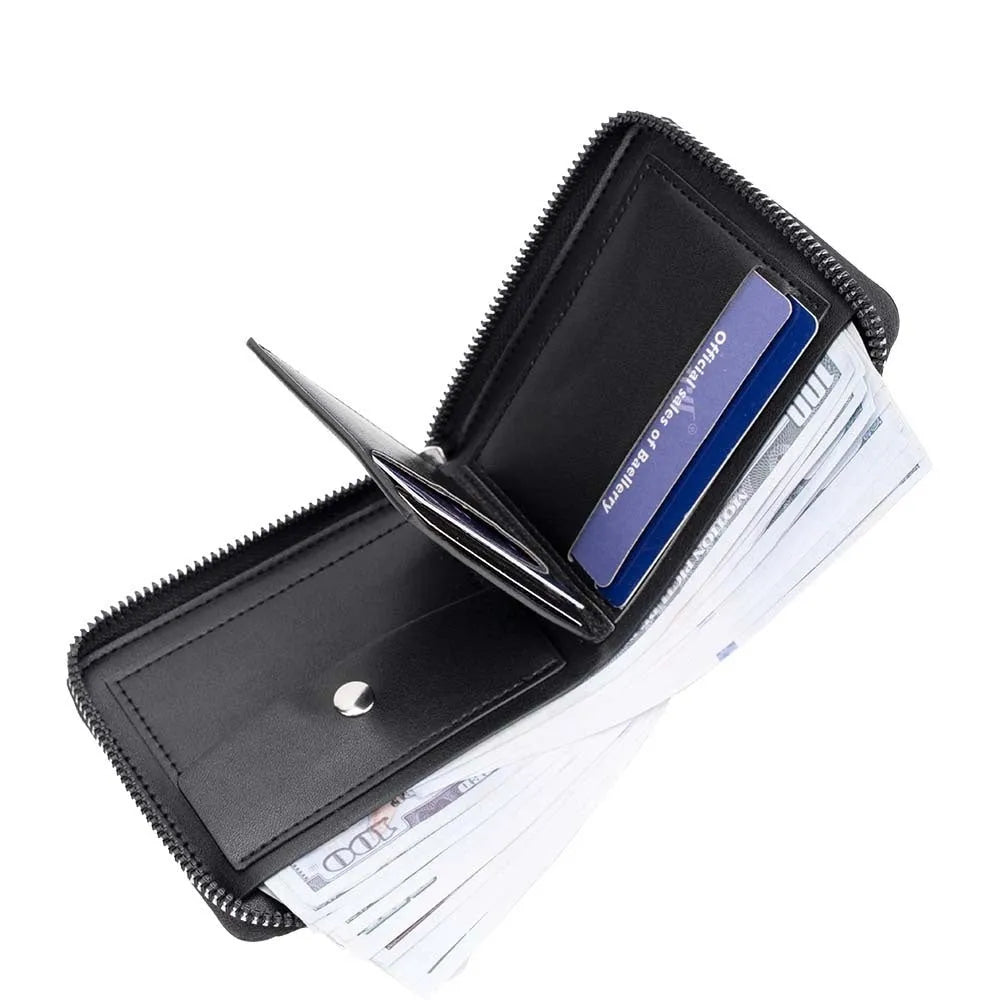 Black leather credit card wallet with anti-theft zipper closure showing embossed pattern and interior organisation