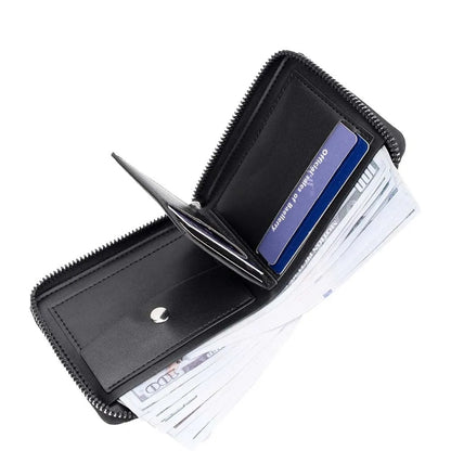 Black leather credit card wallet with anti-theft zipper closure showing embossed pattern and interior organisation