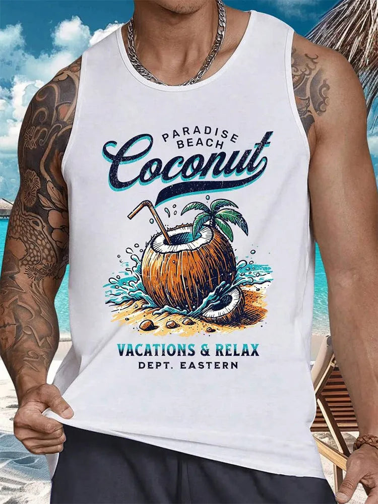Men's 3D printed sleeveless vest in solid colour Hawaiian style