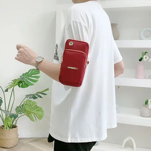 Nylon small crossbody shoulder bag with 3-layer zipper, card slot, square vertical shape, letter pattern, in red, dark blue, black or dark purple.