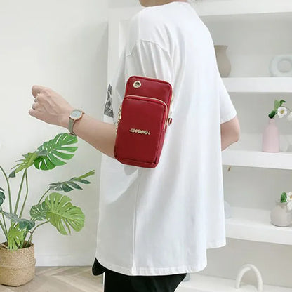 Nylon small crossbody shoulder bag with 3-layer zipper, card slot, square vertical shape, letter pattern, in red, dark blue, black or dark purple.