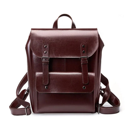 Genuine cowhide leather women's computer backpack in black, shown from a front perspective.