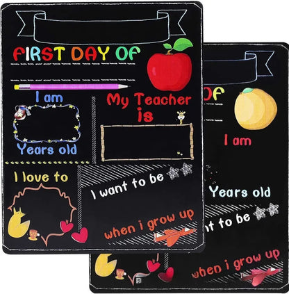 Wooden first day of school blackboard sign on a natural wood background.