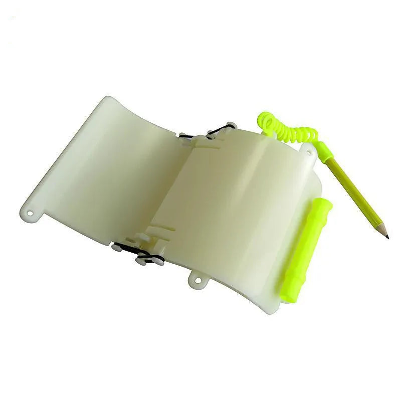 White luminous diving wrist slate with pencil and spare O-ring for underwater writing