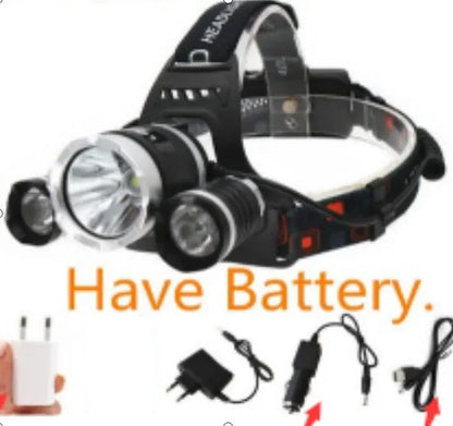 Rechargeable aluminium LED headlamp with adjustable elastic headband and Hawkeye lens.
