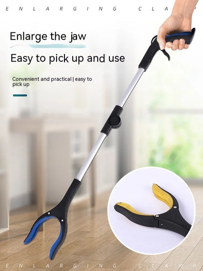 Foldable aluminium garbage clamp with a blue handle, shown extended and with a magnet sucker on the head.