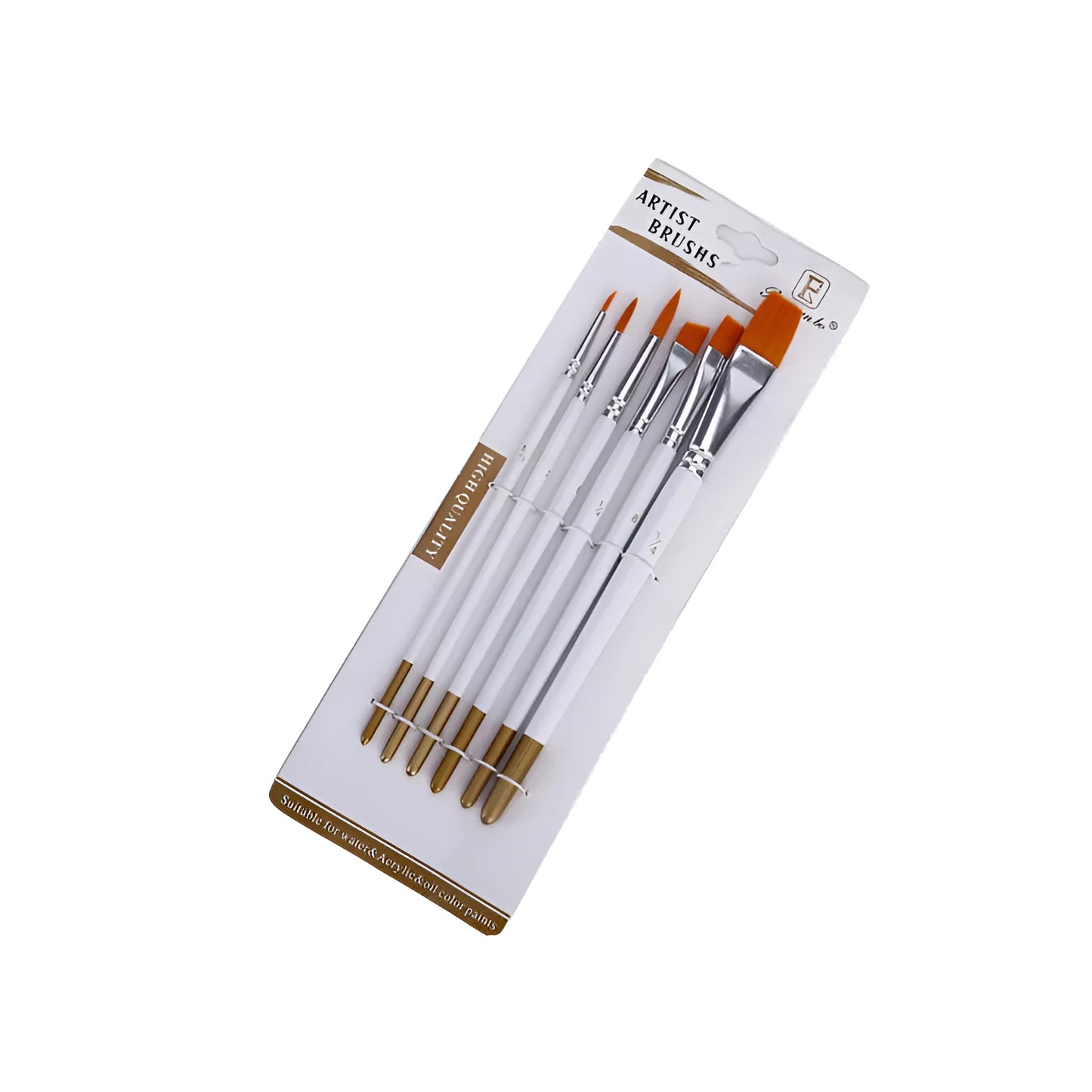 Set of six watercolour and acrylic paint brushes with wooden handles in assorted sizes from small 5/0 to larger #3/4