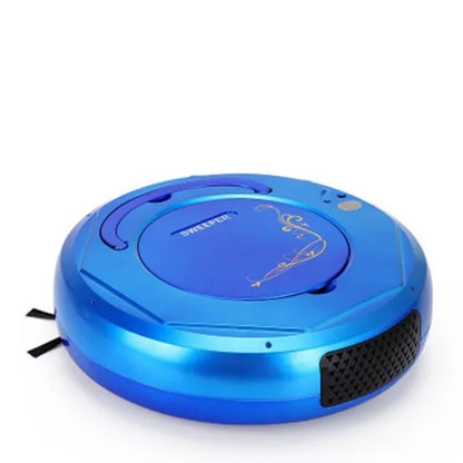 Blue floor sweeping robot vacuum cleaner on a wooden floor
