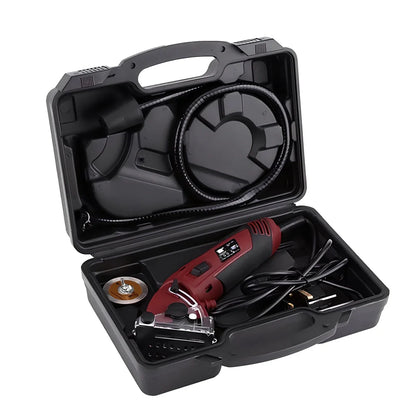 ROTORAZER SAW handheld cutting tool with parallel rail accessory showing blade and adjustment mechanisms