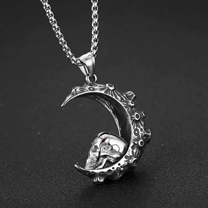 Men's silver electroplated skull necklace with stainless steel chain and alloy pendant showing six design options