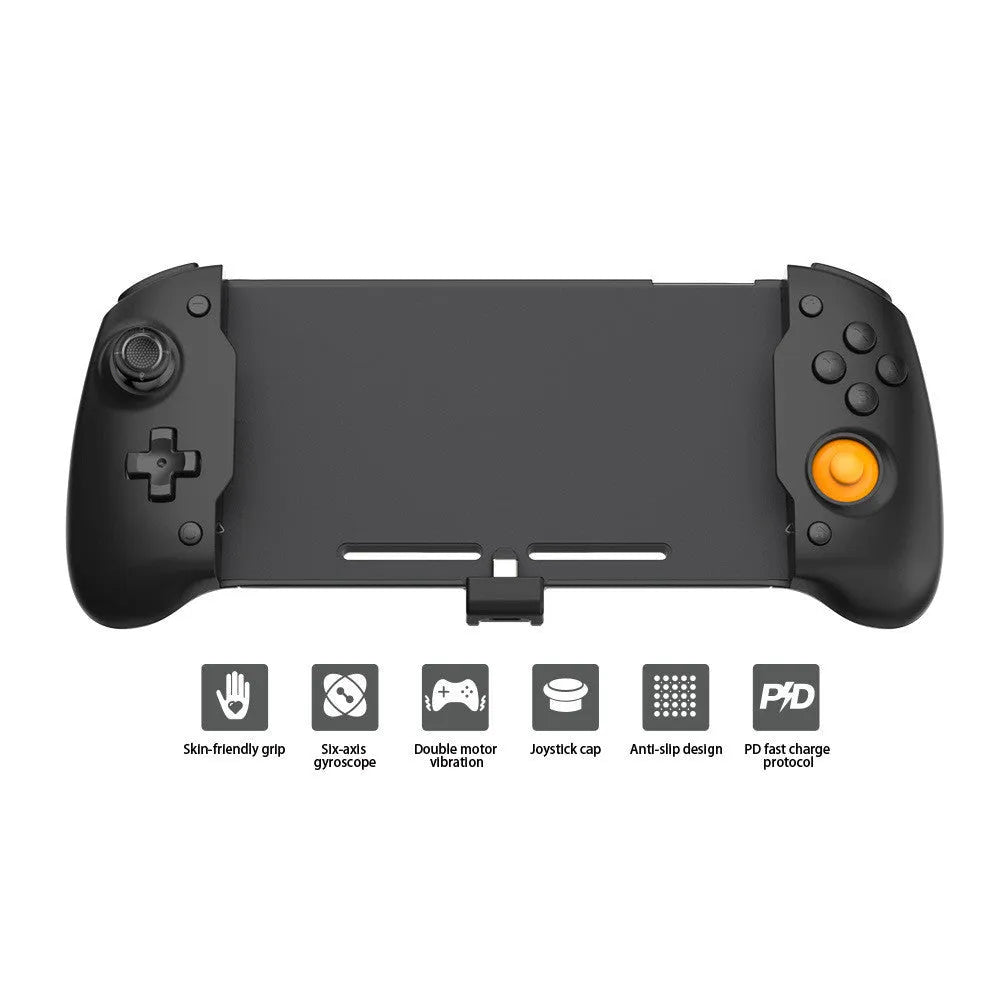 Black and white Nintendo Switch gamepad with console inserted, showing buttons, gyroscope, and Type-C charging port.