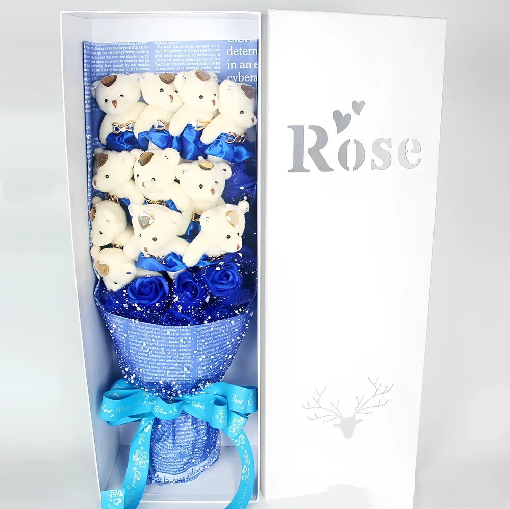 Handmade Valentine's bouquet of 11 cartoon bears 15 cm tall with 11 chiffon roses 10-12 cm in rose gift box, colour options available