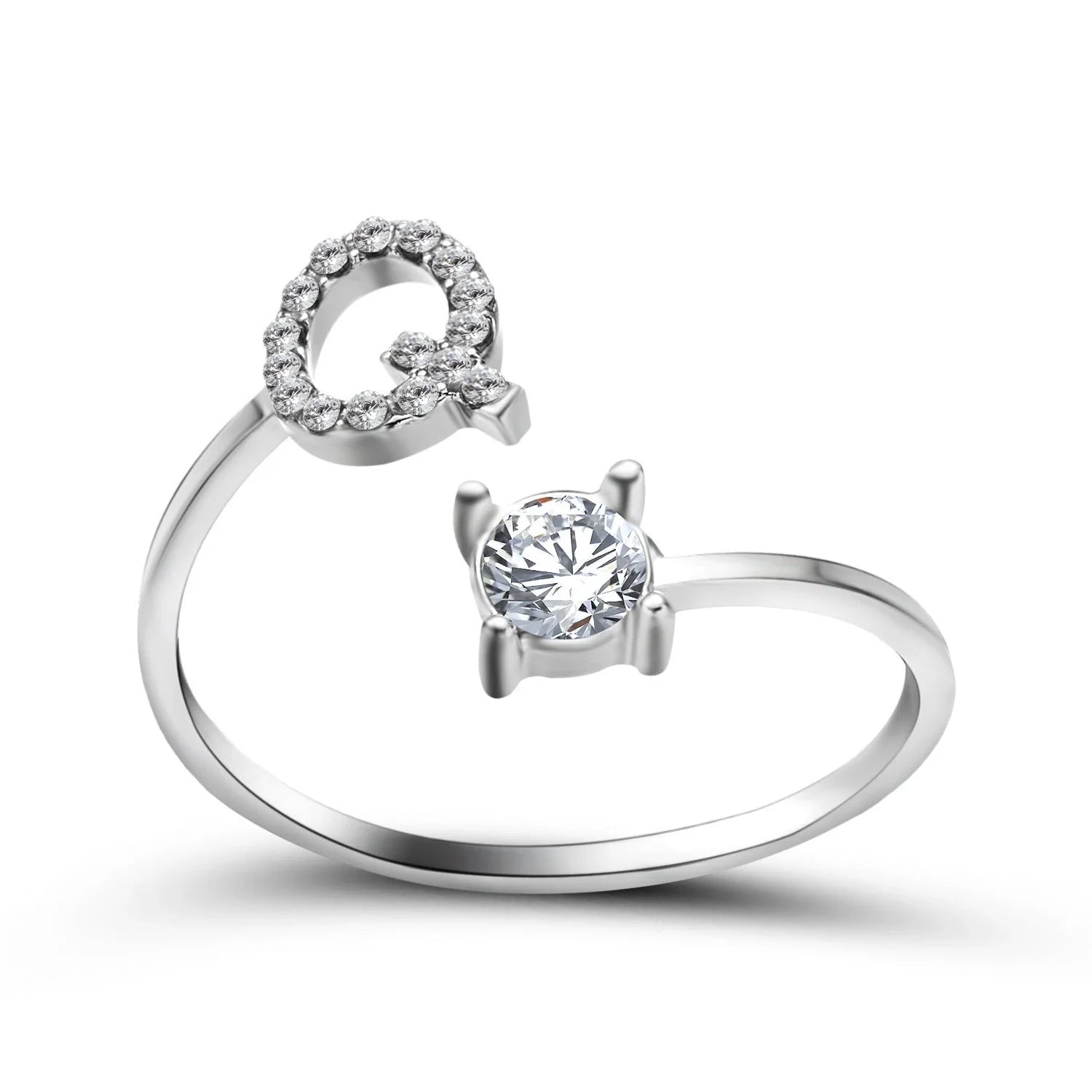 Personalized Initial Letter Crystal Ring with Adjustable Design in Gold, Silver, and Rose Gold Colors