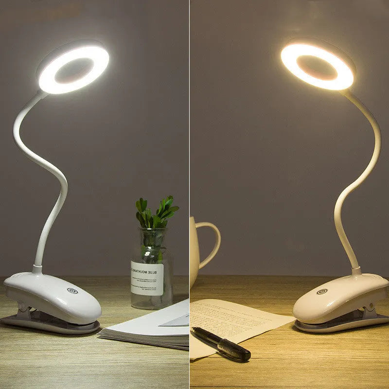 Clip-on rechargeable desk lamp with built-in lithium battery offering touch control operation and available in three LED colour modes: white, warm light, and three-colour charging. This LED desk light is suitable for home, office, study, and bedroom use.