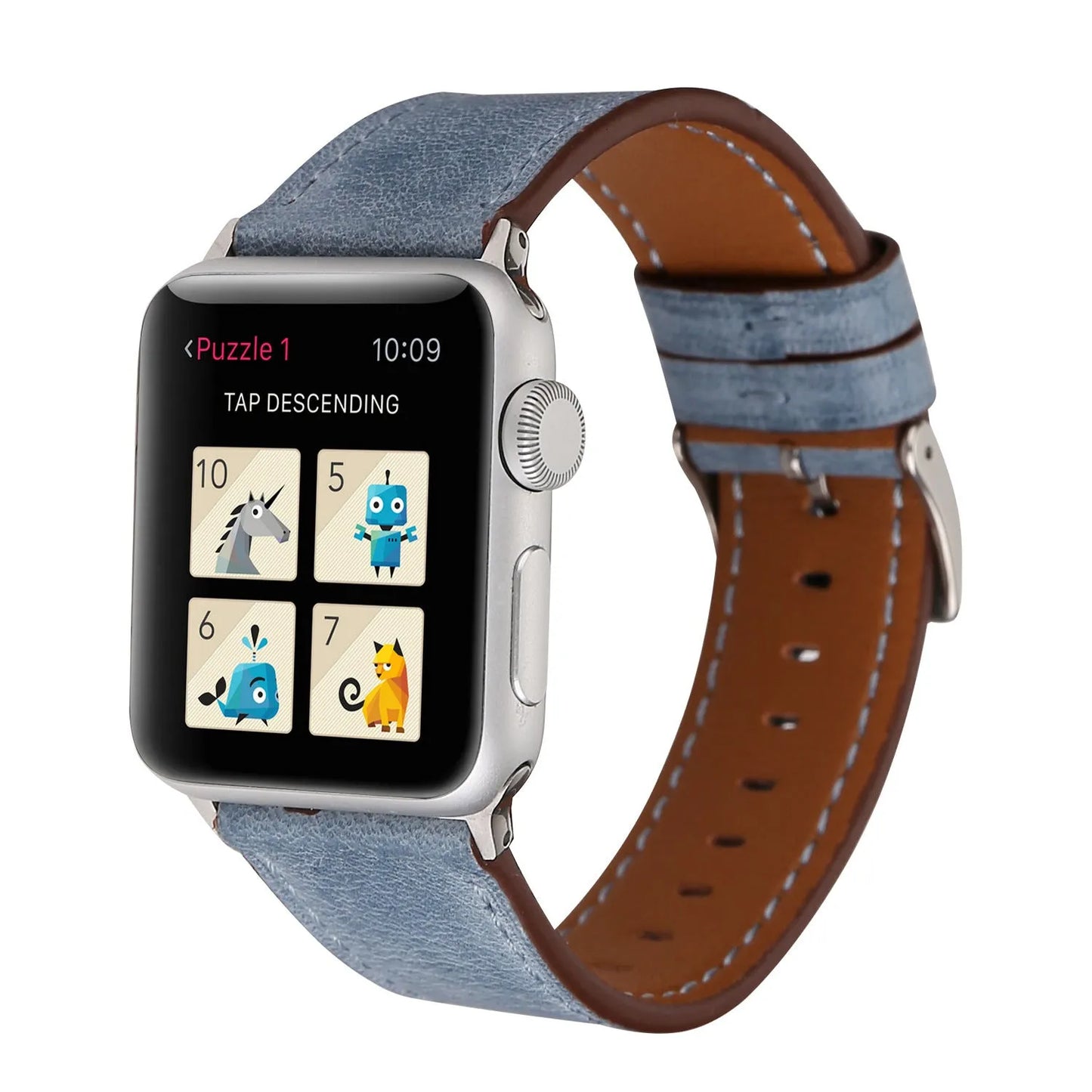 Leather watch strap with a folding buckle in blue, shown next to brown, green, orange, pink, and yellow colour options.