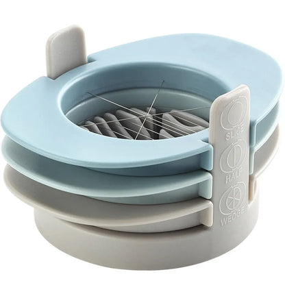 Three-function manual egg cutter in blue with stackable design for kitchen use