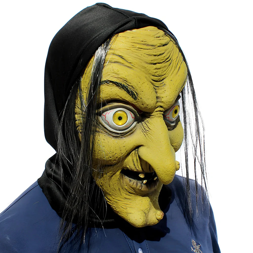 Latex witch mask with elastic strap showing realistic facial wrinkles and pointed nose design for Halloween costumes